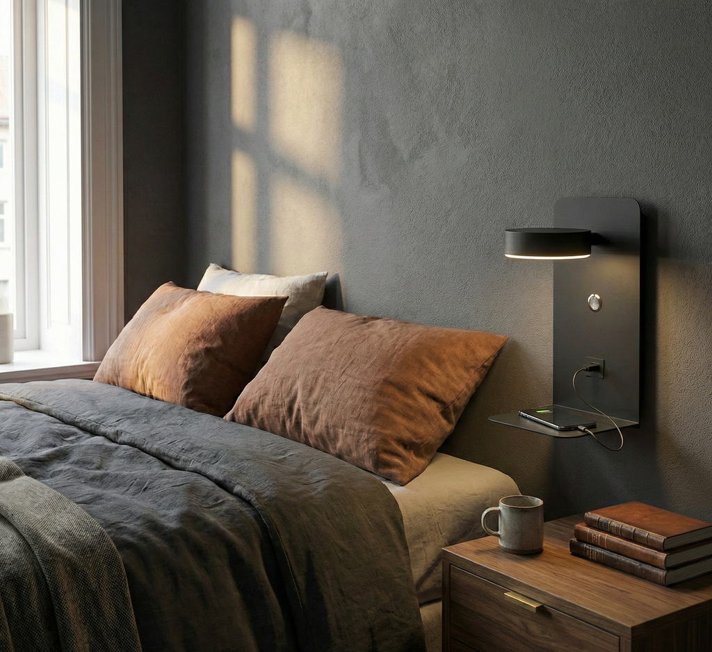 Modern LED Wall Light with Shelf & USB Charging