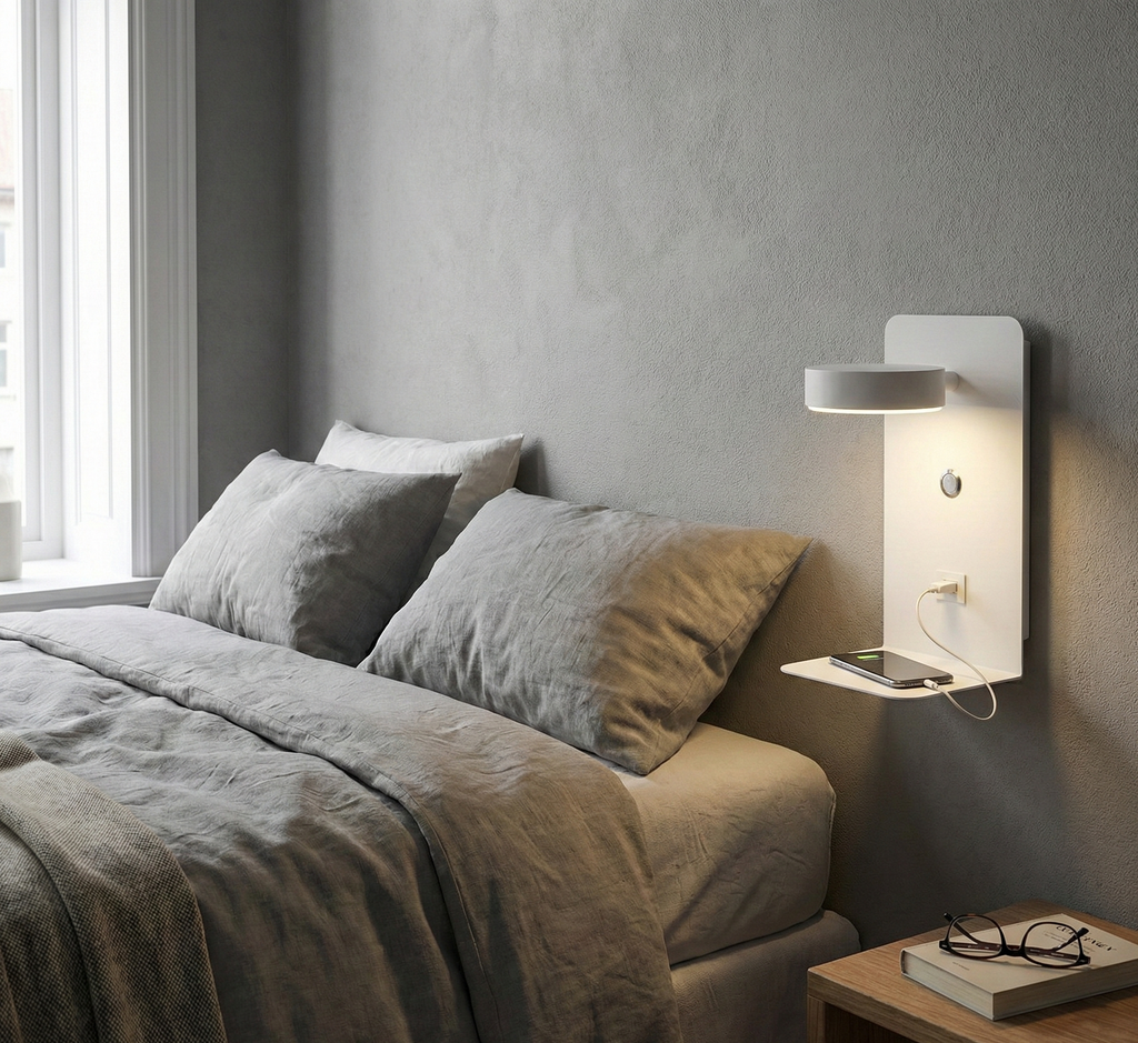 Modern LED Wall Light with Shelf & USB Charging