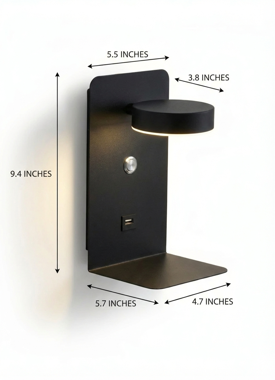 Modern LED Wall Light with Shelf & USB Charging