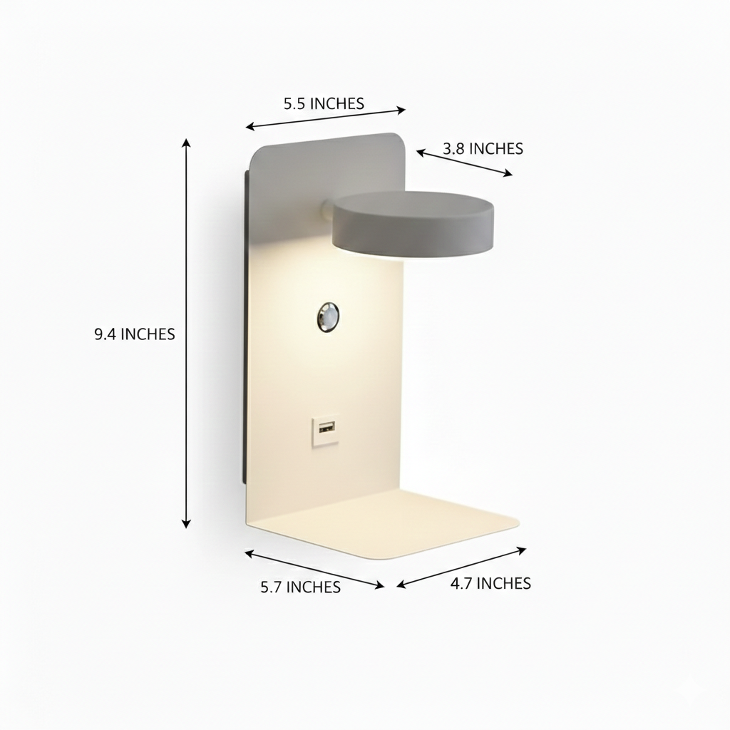 Modern LED Wall Light with Shelf & USB Charging