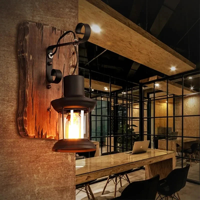 Industrial Wooden Cage Wall Light